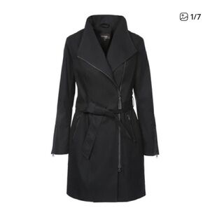 Mackage Estella Trench Rain Coat black Wide Lapel and Tie Belt zipper pockets